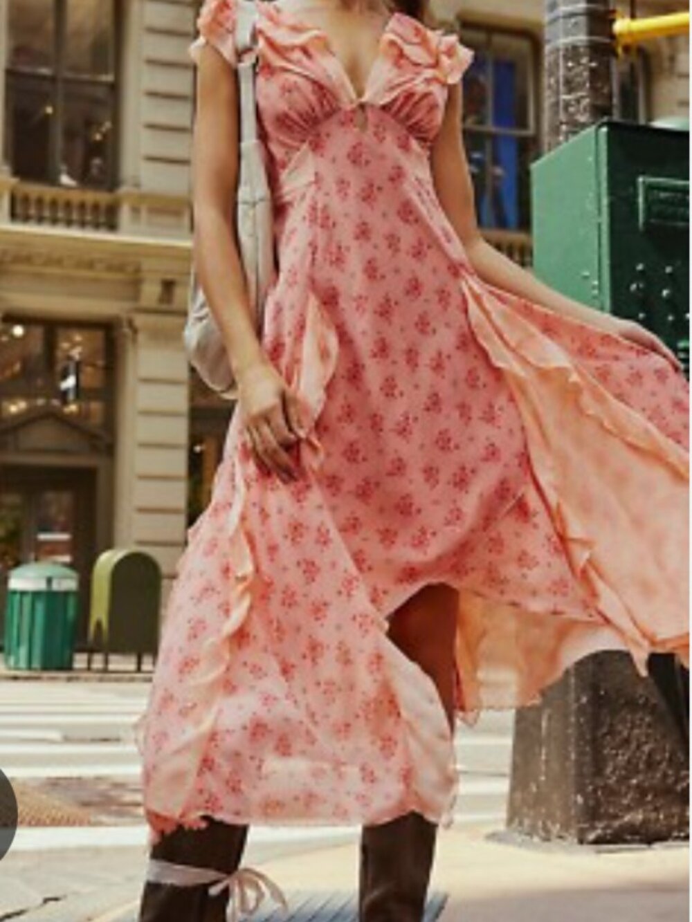 Free People Joaquin Midi Dress Peach Floral Boho Ruffle Medium EUC
